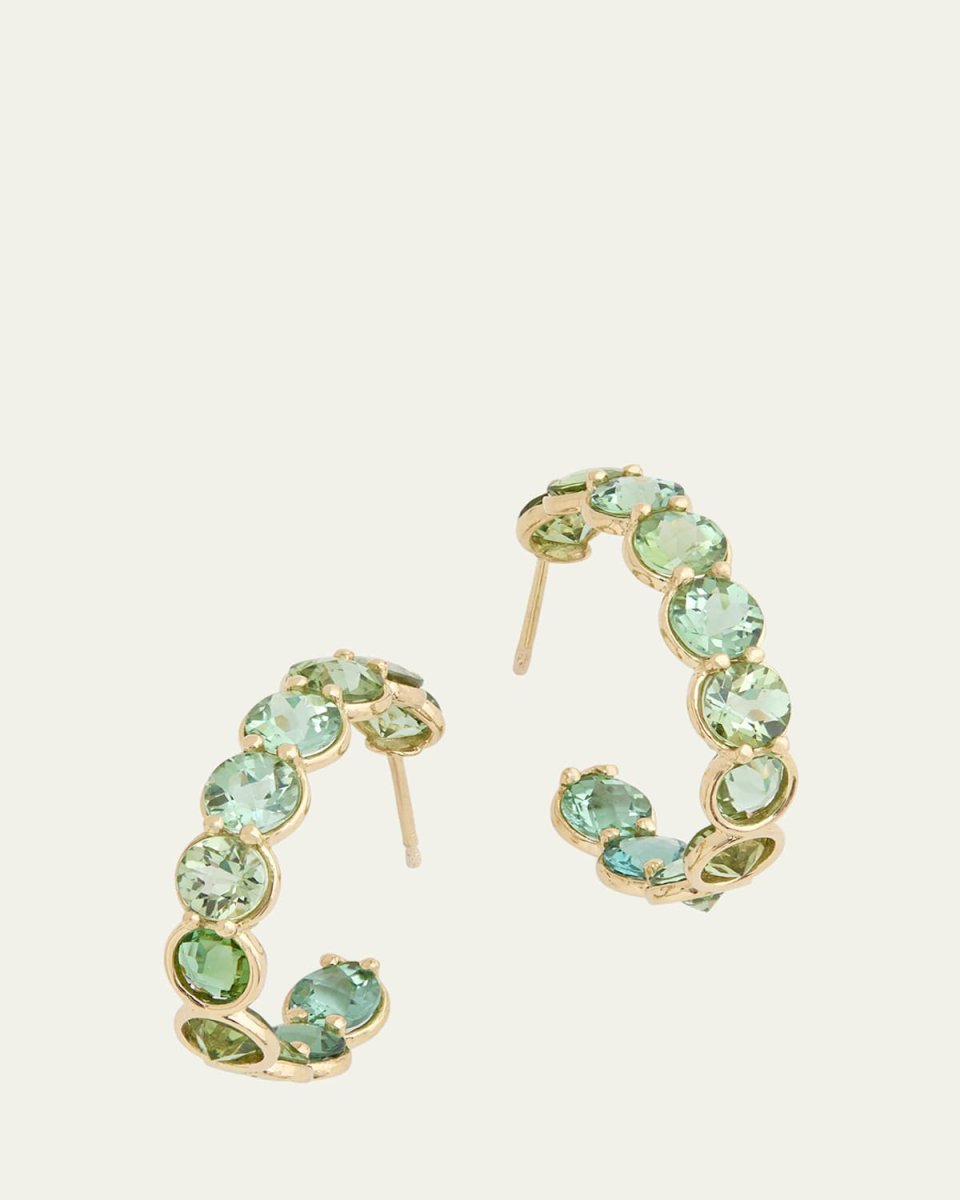 18K Yellow Gold Round Faceted Light Green Tourmaline Hoop Earrings